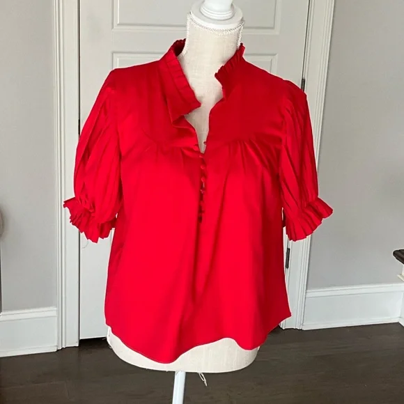 TCEC Vibrant Red Blouse with Ruffle Accents - Picture 1 of 3